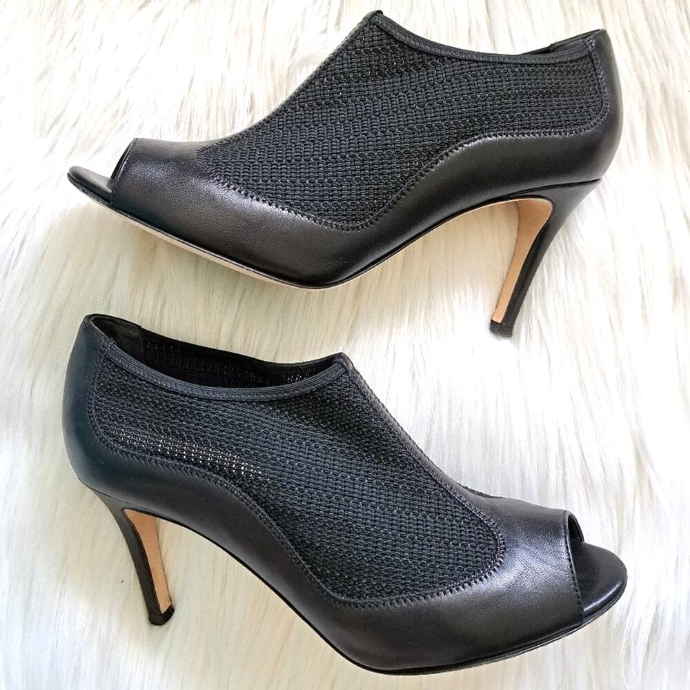 LK Bennett Lara Black Mesh Heels Booties Size 38 Peep Toe Leather